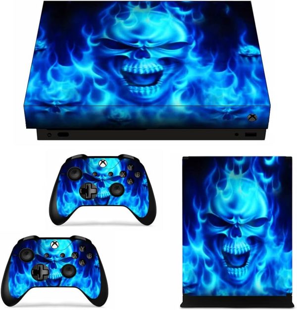 Vinyl Skin for Xbox One X Console & Controllers Only, Sticker Decorate and Protect Equipment Surface, Blue Fire Evil Spirit