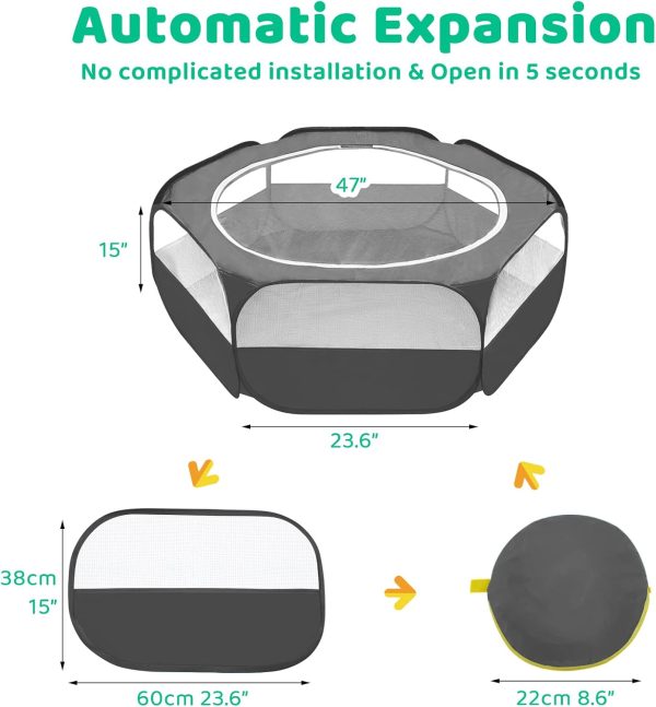 Amakunft Guinea Pig Playpen with Cover, Bunny Playpen with Top, Rabbit Pop Up Playpen with Roof, Small Animal Play Pen Indoor, for Ferret/Chinchilla/Bearded Dragon/Rat/Kitten (Black) - Image 6