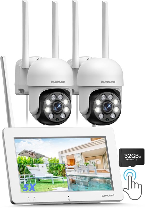 CAMCAMP 3MP Wireless Security Camera System with 7" Touch Monitor &32GB Card, 2K Plug-in Outdoor Cameras, No Monthly Fee, 360° PTZ Color Night Vision,24/7 Record,Motion Detection,2-Way Talk,APP Alert