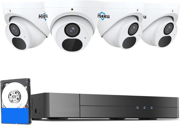 [4K HD Smart Motion Detection+3TB HDD] Hiseeu 4K/8MP PoE Security Camera System Home Security System w/4pcs 4K IP Security Cameras Outdoor Night Vision 4K 8CH H.265 NVR with 3TB HDD for 24/7 Record