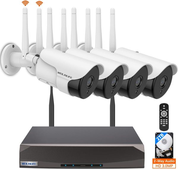 【2-Way Audio & Dual Antenna Enhanced】 90ft Night Vision Outdoor Wireless Security Camera System, Wireless Surveillance Camera System, WiFi Video Surveillance, Home Security Cameras