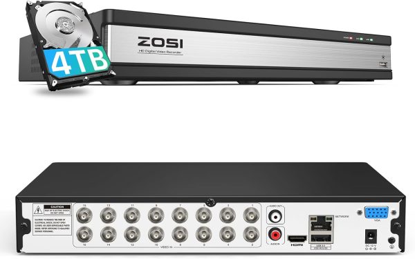 ZOSI 3K Lite H.265+ 16 Channel Video Security DVR Recorder with AI Human/Vehicle Detection,16CH Hybrid 4-in-1 CCTV DVR with 4TB HDD for Home Surveillance Camera System,Remote Access,24/7 Recording