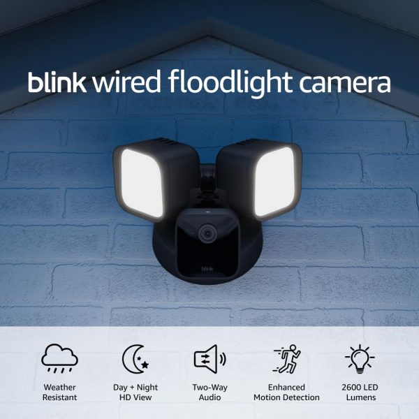 Blink Wired Floodlight Camera (newest model), Smart security camera, 2600 lumens, HD live view, enhanced motion detection, built-in siren, Works with Alexa – 1 camera (Black)