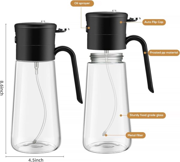 Glass Olive Oil Dispenser Bottle & Oil Sprayer Bottle 2 In 1 for Kitchen Cooking, Auto Flip Cap, 18oz Black - Image 6