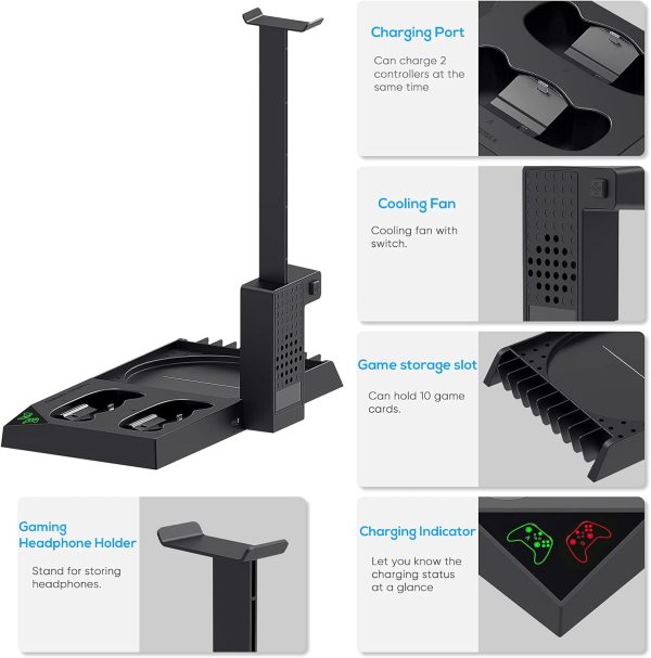 MENEEA Cooling Fan & Charging Stand for Xbox Series X Console and Controller,Vertical Cooler System Dual Charger Station Dock Accessories Kit with 2 x 1400mAh Rechargeable Battery (Black) - Image 2