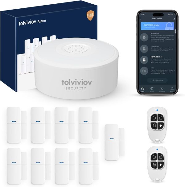 tolviviov Home Alarm System(2nd Gen), 12 Pieces Smart Home Alarm Security System DIY No Monthly Fee, Phone Alert, Alarm Siren, Door/Window Sensors, Remotes, Work with Alexa, for House Apartment Office