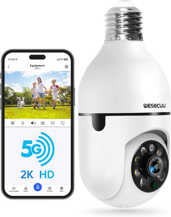 WESECUU Light Bulb Security Camera -5G& 2.4GHz WiFi 2K Security Cameras Wireless Outdoor Motion Detection and Alarm,Two-Way Talk,Color Night Vision,Human Detection, Bulb Camera Compatible with Alexa