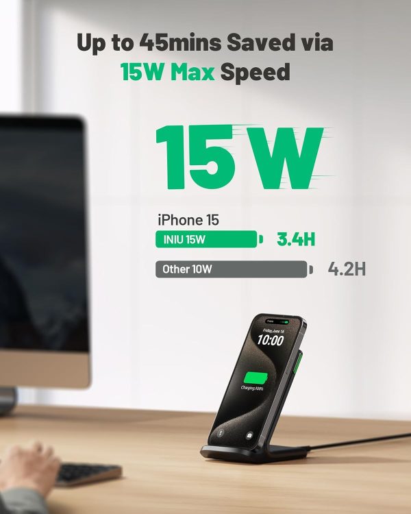 INIU Wireless Charger, 15W Fast Qi-Certified Wireless Charging Station with Sleep-Friendly Adaptive Light Compatible with iPhone 16 15 14 13 Pro XS 8 Plus Samsung Galaxy S23 S22 S21 Note 20 Google etc - Image 2