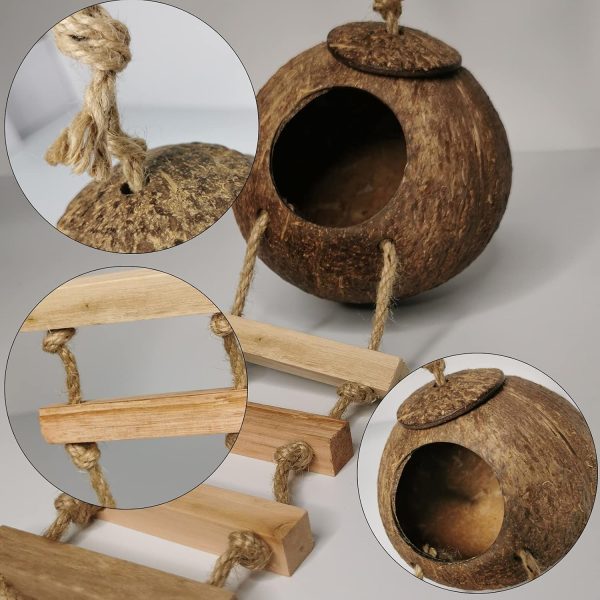 Hanging Bird House with Ladder Natural Coconut Fiber Shell Bird Nest Breeding for Parrot Parakeet Lovebird Finch Canary Coconut Hide Bird Swing Toys for Hamster Bird Cage Accessories Pet Bird Supplies - Image 4