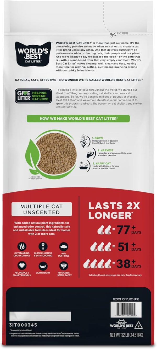 World's Best Cat Litter Multiple Cat Unscented, 32-Pounds - Natural Ingredients, Quick Clumping, Flushable, 99% Dust Free & Made in USA - Long-Lasting Odor Control & Easy Scooping - Image 3