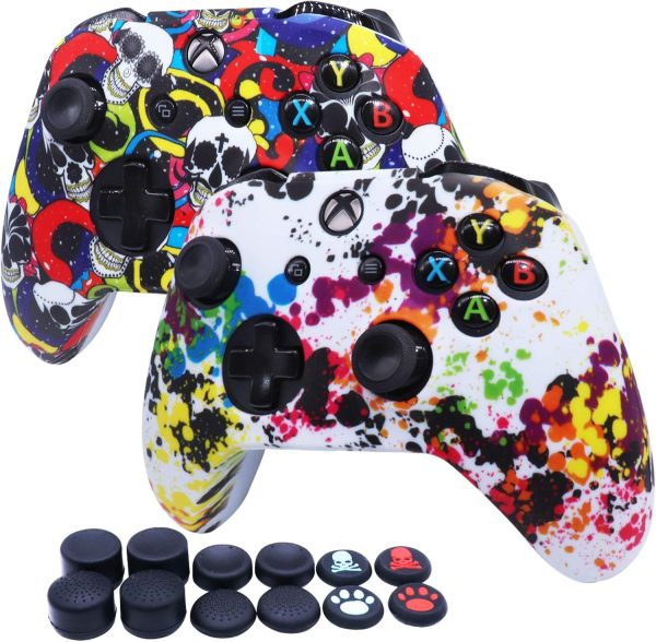 RALAN Print Controller Skin for Xbox One, Anti-Slip Silicone Cover Protector x 2 Compatible for Xbox 1 Wireless/Wired Gamepad Joystick with 4 Thumb Grips Caps and Black Pro Thumb Grip x 8.