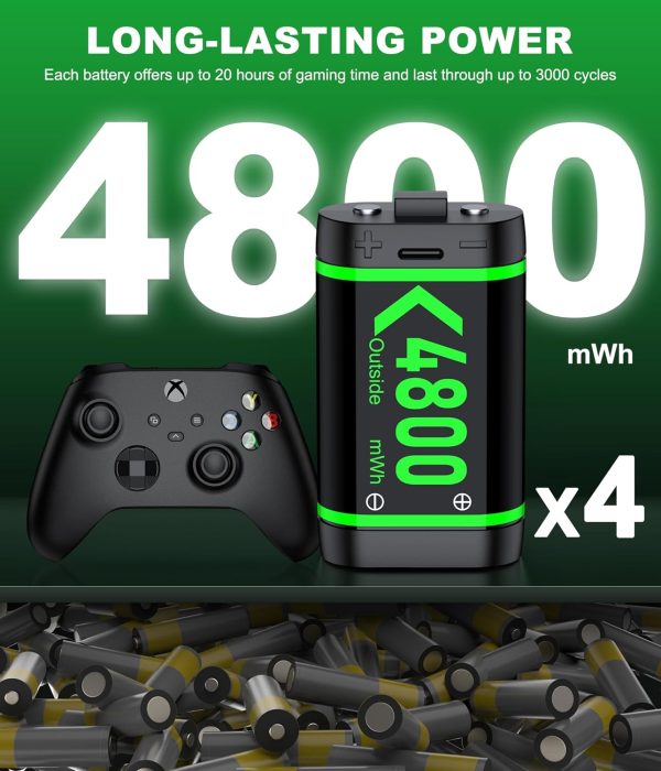 Charger with 4x4800mWh Rechargeable Battery Pack for Xbox One/Xbox Series X|S Controllers, Xbox Series Controller Battery Charging Station for Xbox One/One S/One X/Elite(4 Packs) - Image 2