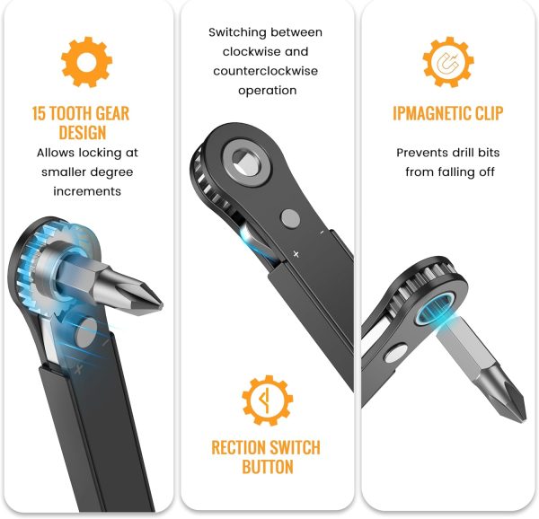 Right Angle Screwdriver Mens Gifts - 90 Degree Offset Ratcheting Screwdriver Pocket Mini Low Profile Ratchet Wrench Bit Socket Set for Tight Space Cool Gadgets EDC Gear Tool Stocking Stuffers for Men - Image 7