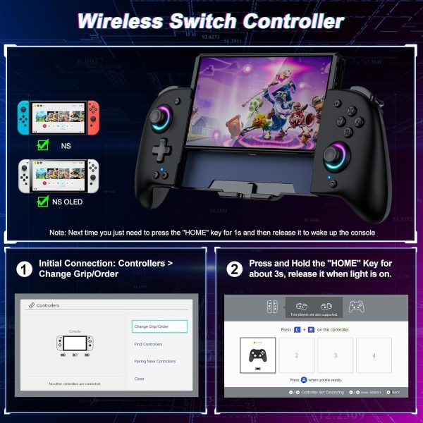 Switch Controllers for Nintendo Switch/OLED Controller, Switch Wireless Pro Controller One-Piece Joypad, Full-Size Ergonomic Handheld Mode Controller with Battery/RGB/Turbo/Programming(Black) - Image 7