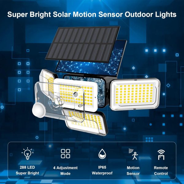 Mokot Solar Lights Outdoor, 288 LED 2800LM Solar Motion Sensor Outdoor Lights with Remote Control, 4 Heads lP65 Waterproof Solar Flood Security Lights for Outside Patio Wall -2PACK - Image 2