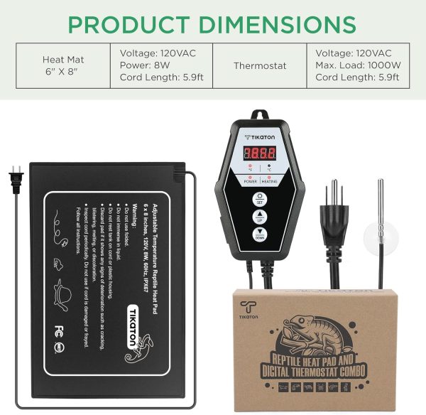 Tikaton Reptile Heating Pad and Digital Thermostat Combo Set, Under Tank Heater for 10-20gal/30-40gal Tank, Terrarium Heat Mat for Turtle/Snake/Lizard/Frog/Spider/Plant Box - Image 3