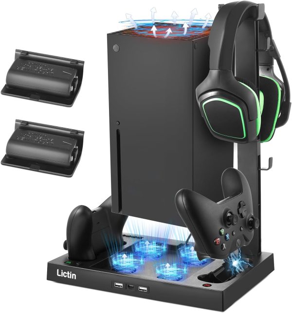 Lictin Cooling Fan Charging Station for Xbox Series X Console & Controller, Upgraded 4 Cooler Fan System Stand, Vertical Dual Charger Station Dock Accessories with 2 x 1400mAh Rechargeable Battery