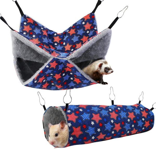 Ferret Rat Hammock Set Guinea Pig Hideout Bed,Soft Hamster Toys Hanging Tunnels and Tubes,Plush Small Animal Pet Chinchilla for Cage Accessories Hide,Play and Sleep,2 Pack,Blue Star