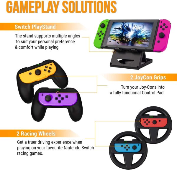 Orzly Accessory Bundle Kit designed for Nintendo switch Accessories Geeks and Oled console users Case and Screen protector, Joycon grips and Wheels for enhanced games play and more - Jet black - Image 6