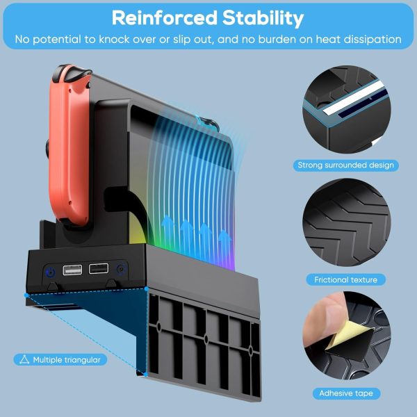 RGB Switch Wall Mount Kit for Nintendo Switch and OLED, Switch Dock Console Holder Stand, Switch Accessories with 7 Light Modes, 7 Card Slots, 4 Joypad Hangers, 2 USB Ports, Behind TV, Graphite Black - Image 4