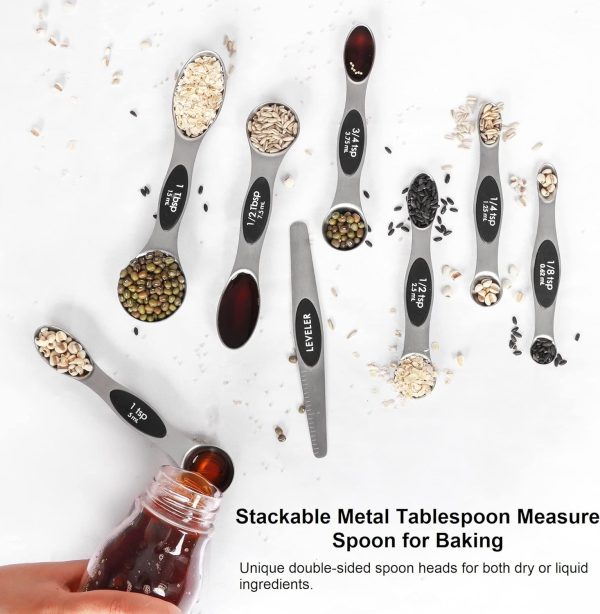 Magnetic Measuring Spoons Set Stainless Steel with Leveler, Stackable Metal Tablespoon Measure Spoon for Baking, Cups and Spoon Set Kitchen Gadgets Apartment Essentials Fits in Spice Jars - Image 5