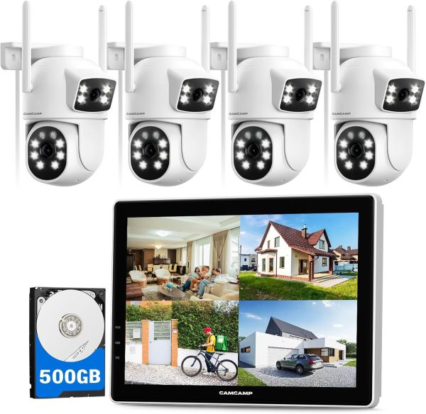 CAMCAMP Wireless Security Camera System with 10.1" Monitor, 4pcs 2K Dual Lens 2.4G&5G WiFi Pro Outdoor PTZ Camera, 2-Way Audio, Color Night Vision, Auto Tracking,24/7 Record,500GB HDD,10CH Expandable