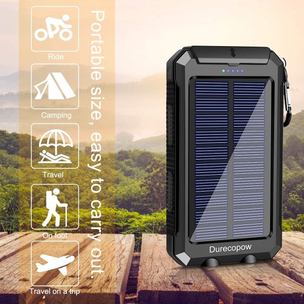 Solar Charger, 20000mAh Portable Outdoor Waterproof Solar Power Bank, Camping External Backup Battery Pack Dual 5V USB Ports Output, 2 Led Light Flashlight with Compass (Black) - Image 7