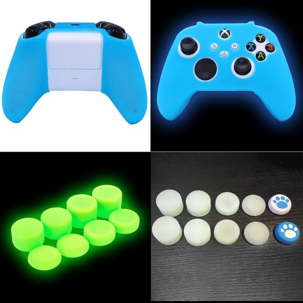 Blue Silicone Cover Skin for Xbox Series X/S Controller Glow in The Dark Anti-Slip Soft Rubber Case Protector Accessories Set with 8 Glow in The Dark Thumb Grips Caps + 2 Cute Cat Paw Caps. - Image 3