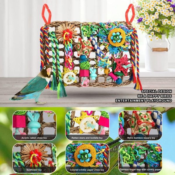 Bird Toys Bird Foraging Toys for Parakeets Cockatiel Conures Lovebirds Bird Foraging Shredding Seagrass Wall with Various Toys for Birds - Image 4