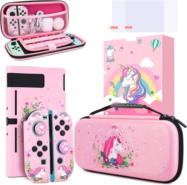 Unicorn Carrying Case for Nintendo Switch-Pink Portable Hard Shell Storage Case and Protective Case Cover,Screen Protectors Compatible with Nintendo Switch,Switch Protection Accessories for Girls