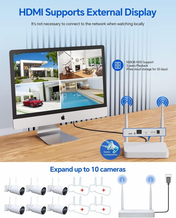 CAMCAMP Solar Security Camera System - 2.5K Wireless Outdoor Cameras with 10CH Surveillance NVR 500GB Hard Drive HDMI Color Night Vision AI Detection 2 Way Audio IP66 Waterproof for Home Garage - Image 2