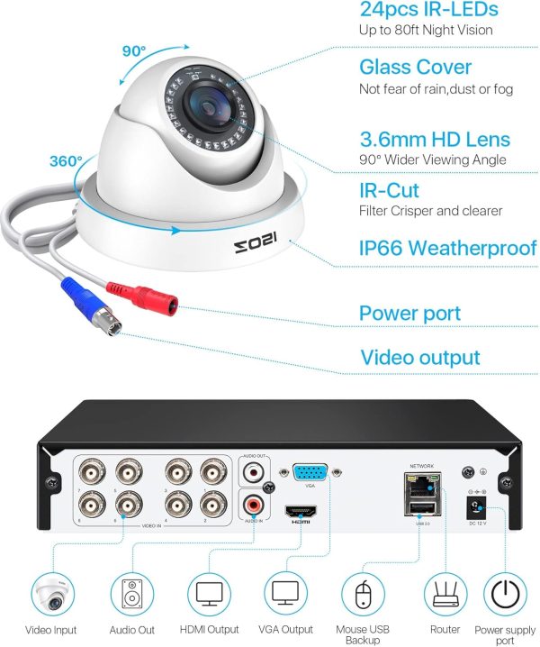 ZOSI 5MP 3K Lite 8 Channel H.265+ Home Security Camera System with AI Human Vehicle Detection, 8CH Surveillance DVR, 8 x 1080p Weatherproof CCTV Dome Camera Outdoor Indoor, 80ft Night Vision, 1TB HDD - Image 8