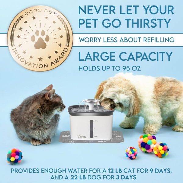 Veken 95oz/2.8L Pet Fountain, Automatic Cat Water Fountain Dog Water Dispenser with Replacement Filters for Cats, Dogs, Multiple Pets (Grey, Plastic) - Image 3