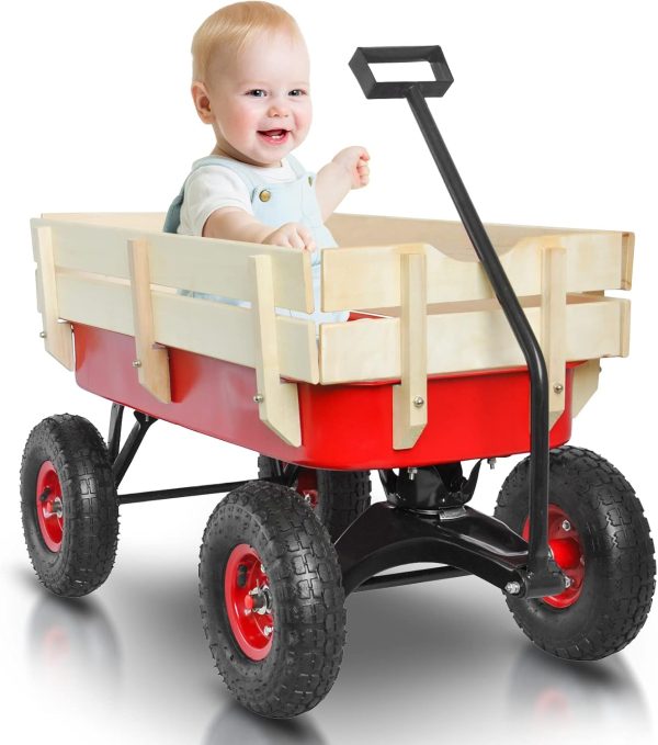 All Terrain Wagons for Kids Wagon with Removable Wooden Side Panels Garden Wagon Cart Heavy Duty with Steel Wagon Bed Folding Wagons for Kids/Pets Ideal Gift for Kids Halloween Christmas,Red