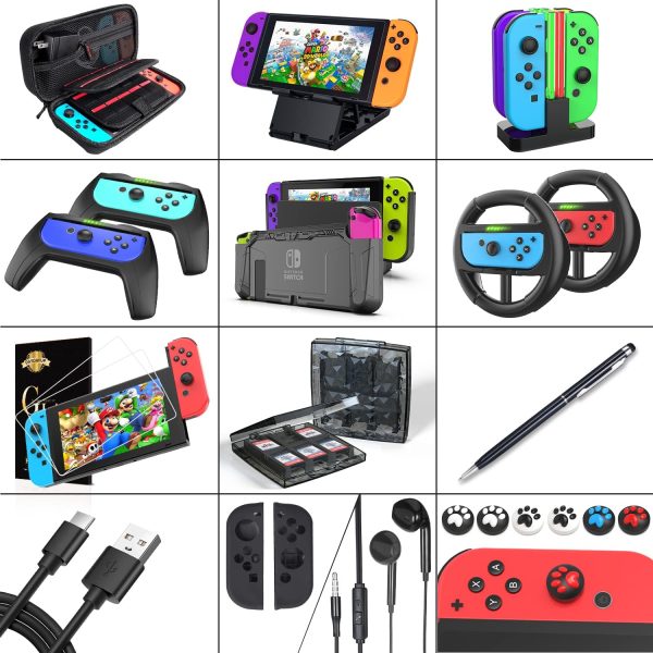 Deruitu Switch Accessories Bundle Compatible with Nintendo Switch, Kit with Carrying Case, Screen Protector, Compact Playstand, Game Case, Joystick Cap, Charging Dock,Steering Wheel, (18 in 1) - Image 2