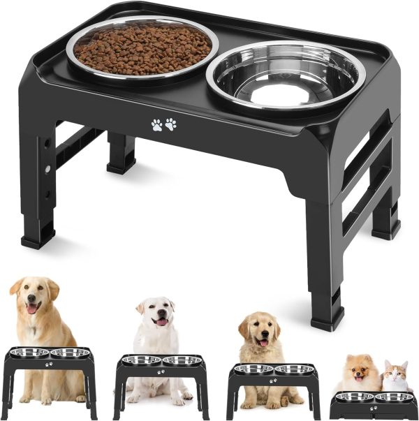 Elevated Dog Bowls, 4 Height Adjustable Raised Dog Bowl Stand with 2 Thick 50oz Stainless Steel Dog Food Bowls Non-Slip Dog Feeder for Large Medium Dogs Adjusts to 3.7", 9.2", 10.75", 12.36" Black