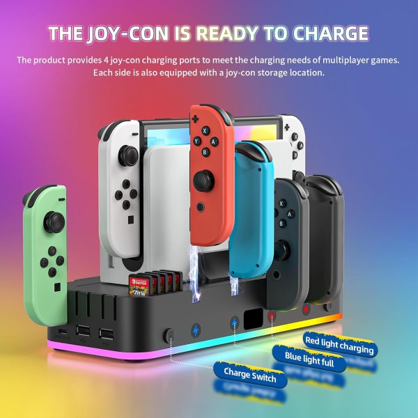 RGB Switch Wall Mount for Joy-Con Charger, Switch Holder for Nintendo Switch / OLED with Switch Organizer, Switch Accessories with 15 Light Mode, 4 Controller Charger, 2 USB Port, 10 Card Slot - Image 4