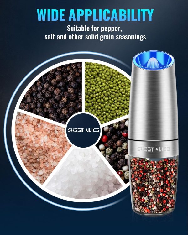 Gravity Electric Pepper and Salt Grinder Set, Salt and Pepper Mill & Adjustable Coarseness, Battery Powered with LED Light, One Hand Automatic Operation, Stainless Steel (Set/Silver) - Image 5