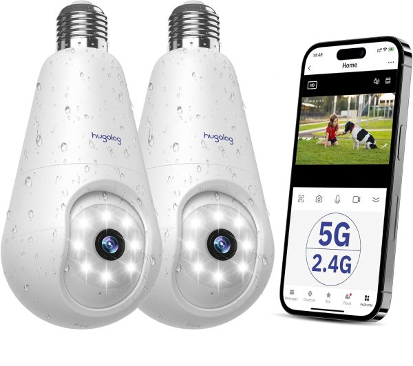 Hugolog 2K 3MP Light Bulb Security Camera 5G& 2.4GHz WiFi, 360° Wireless Outdoor Indoor Camera for Home, Motion Detection, Two-Way Talk, Color Night Vision, Siren Alarm, Compatible with Alexa(2 Pack)