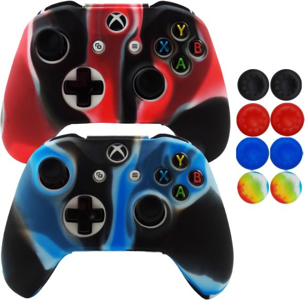 Hikfly Silicone Controller Cover Skin Protector Case Faceplates Kits for Xbox One X/One S/Slim Controller with 8pcs Thumb Grips Caps(Camouflage Blue and Red) - Image 2