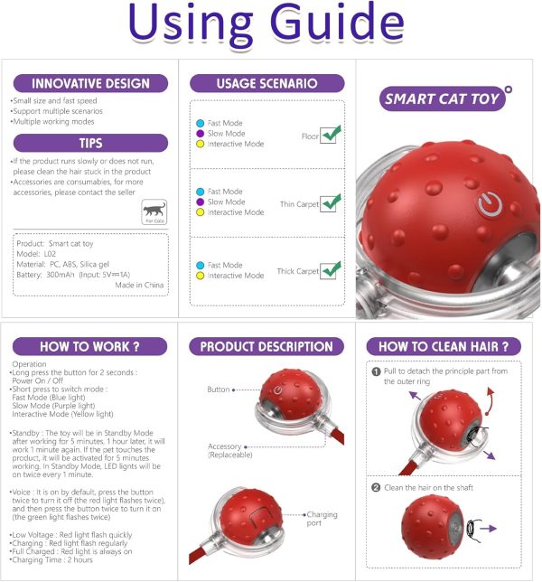 Interactive Cat Toys Ball for Indoor Cats Fast Rolling on Carpet, Chirping & Motion Activate Cat Toys (Red) - Image 7