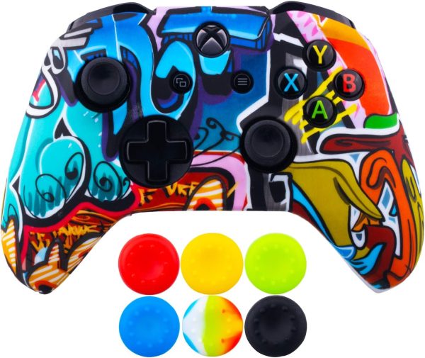 9CDeer 1 Piece of SiliconeTransfer Print Protective Cover Skin + 6 Thumb Grips for Xbox One/S/X Controller Cartoon Paints