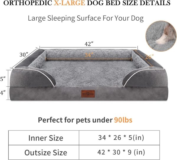 Waterproof Orthopedic Foam Dog Beds for Extra Large Dogs, XL Dog Bed with Bolster, Washable Dog Bed Sofa Pet Bed with Removable Cover & Non-Slip Bottom(X-Large,Grey) - Image 4