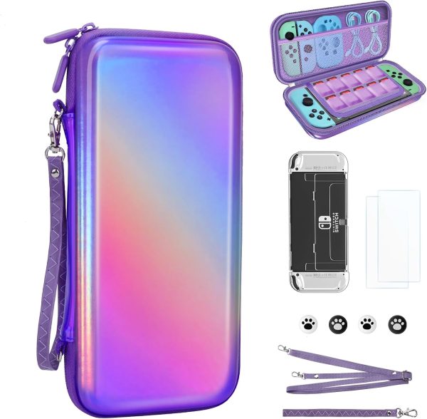 belle&birdie Nintendo Switch Accessories-Hard Protective Carry Case for Switch OLED witch 10 Game Card Slot,Soft TPU Cover, Screen Protector,Adjustable Strap,Thumb Grip Caps (Laser Purple)