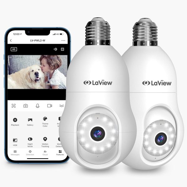 LaView 4MP Bulb Security Camera 2.4GHz,360° 2K Security Cameras Wireless Outdoor Indoor Full Color Day and Night, Motion Detection, Audible Alarm, Easy Installation, Compatible with Alexa (2 Pack)