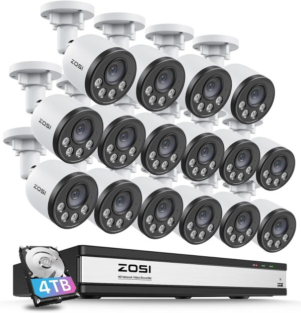 ZOSI 4K PoE Security Camera System with Audio,Smart Human Detection,100ft Night Vision,16 Channel NVR with 4TB HDD,16pcs 4MP Weatherproof PoE IP Cameras Outdoor Indoor for Home 24/7 Recording