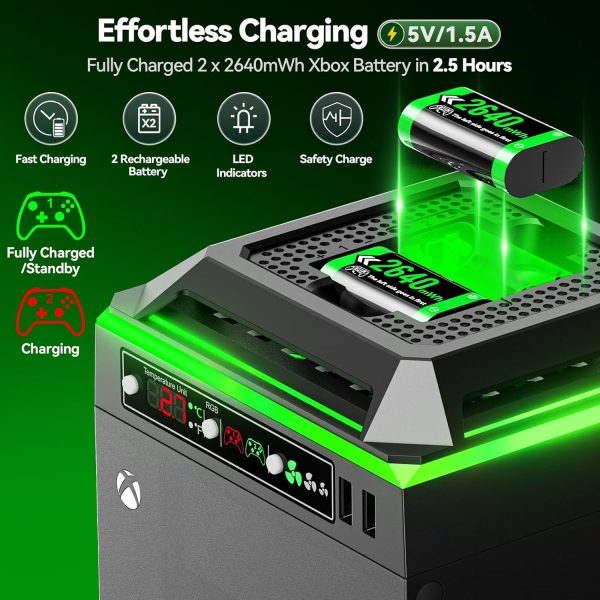 Cooling Fan for Xbox Series X Console, Charger Station with 2 x 2640 mWh Rechargeable Battery Packs for Xbox Series/One-X/S/Elite Controller, Xbox Series X Fan with 3 Gear, TEMP Display - Image 3