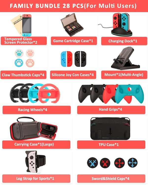 Switch Accessories - Family Bundle Accessories for Nintendo Switch, Carry Case& Screen Protector,4 Pack Joy Con Grips and Steering Wheels, Case Cover,Stand Mount,Joy Con Charger and More. - Image 2