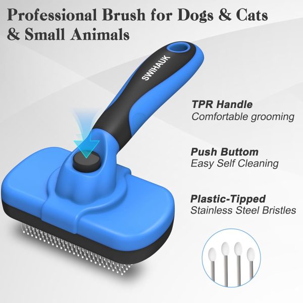 Swihauk Self Cleaning Slicker Brush - Skin Friendly Deshedding Grooming Tool for Dogs & Cats, Suitable for Shedding & Haired Pets, with Pet Supplies Accessories, Blue - Image 2