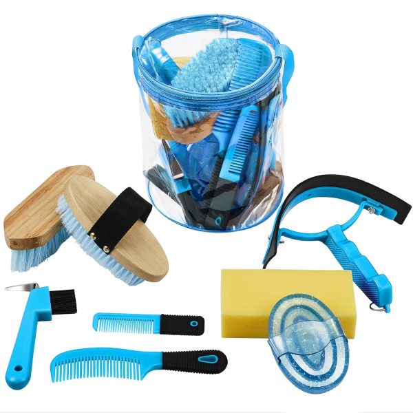 9 Pieces Horse Grooming Kit Tack Room Supplies Set with Organizer Tote Bag, Oval Massage Curry, Hard and Soft Brush, Hoof Pick, Sweat Scraper, Bathing Sponge, Combs for Horse Riders Beginners (Blue)